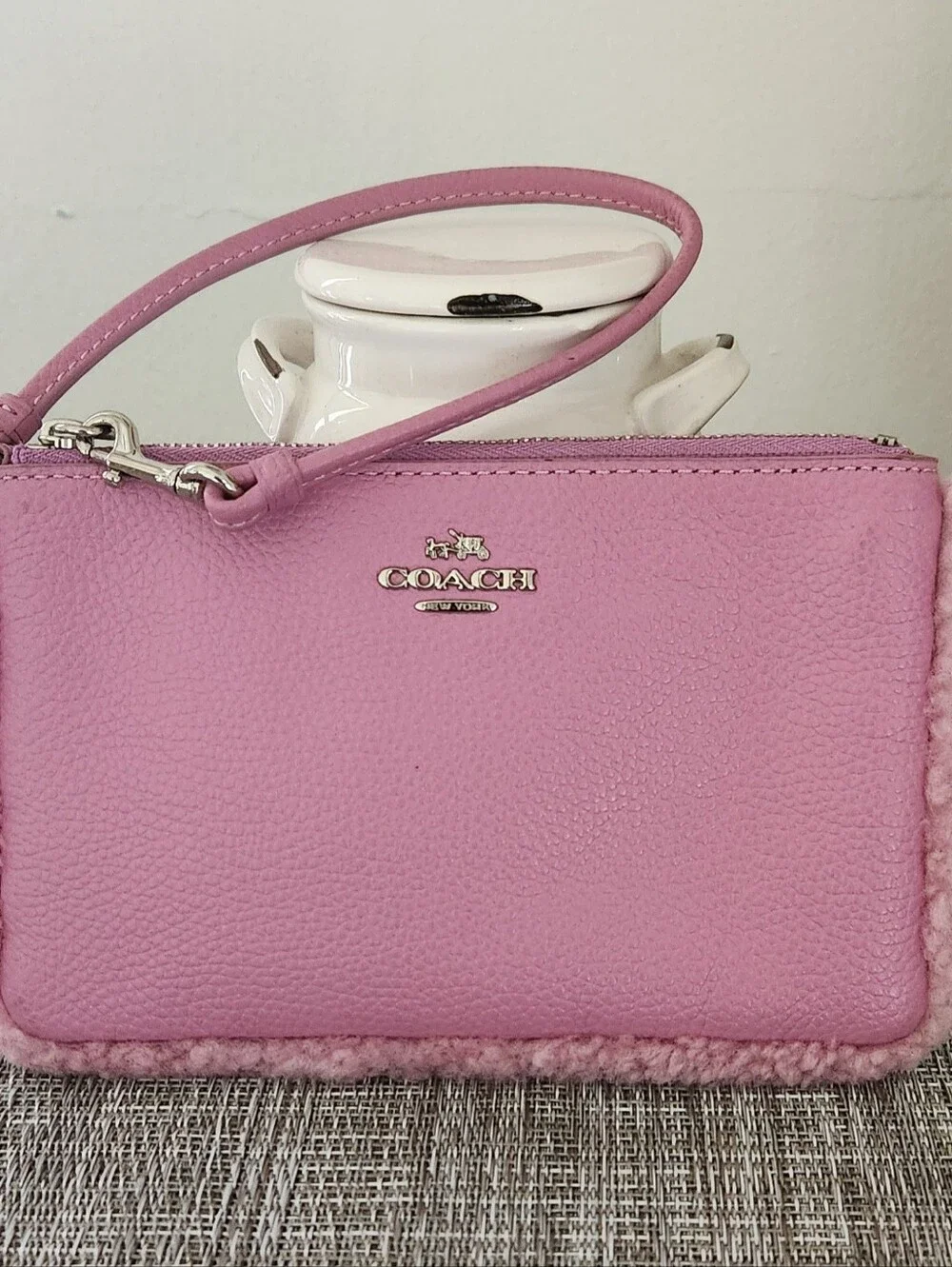 Coach Pink Leather Shearling-Trim Wristlet